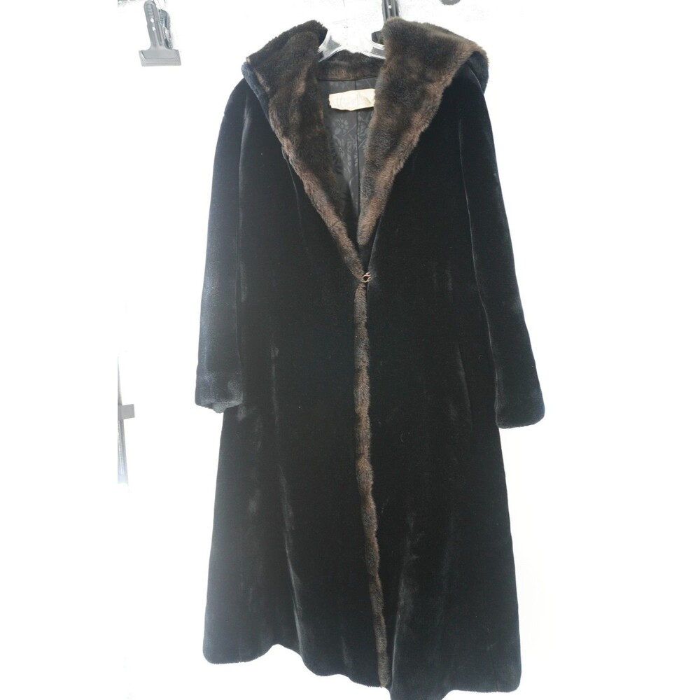 Vintage Borgazia Faux Fur Coat Luxurious Deep Pile Black/Brown Sz 12 Winter Chic